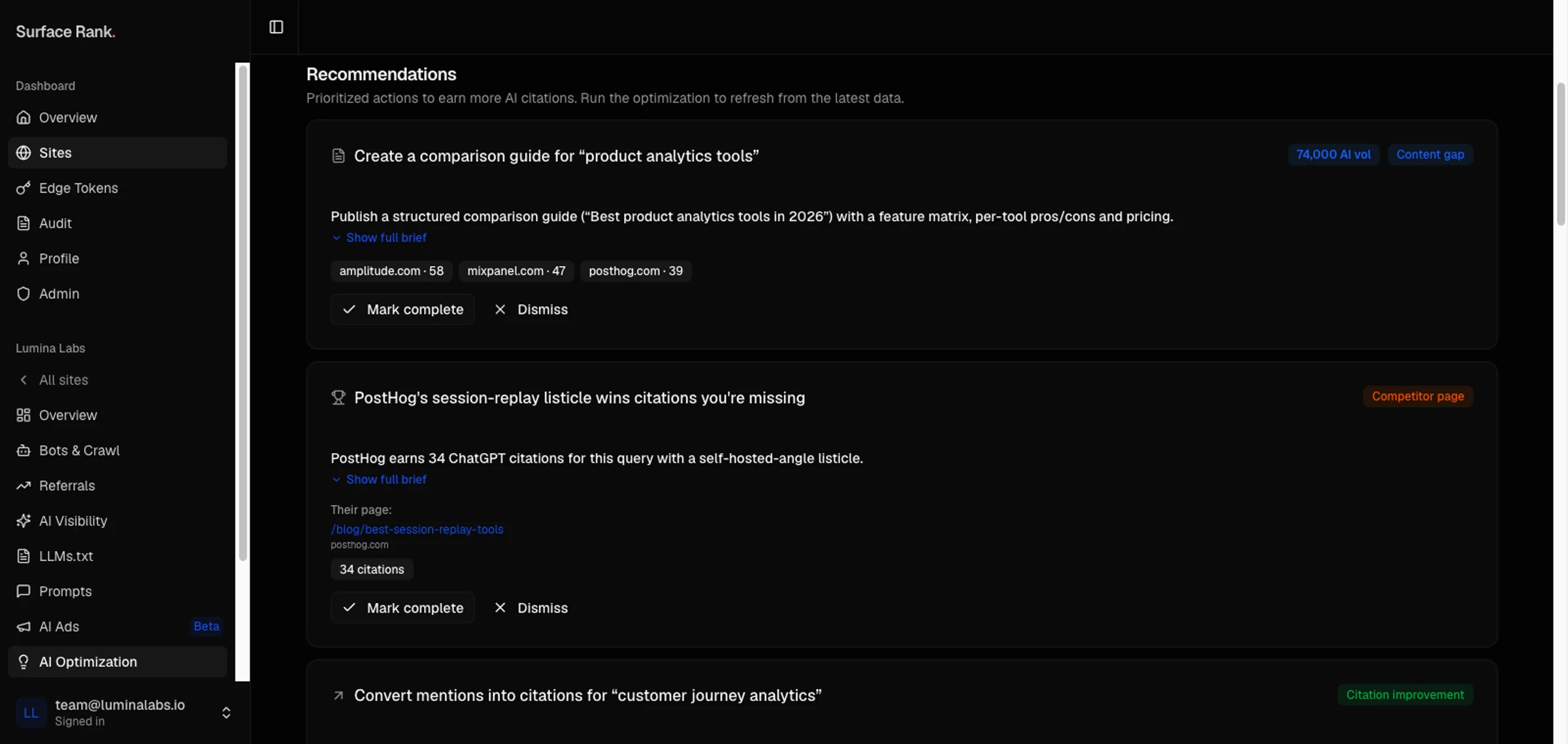 Surface Rank AI optimization dashboard: prioritised recommendations with AI search volume and competitor citation data